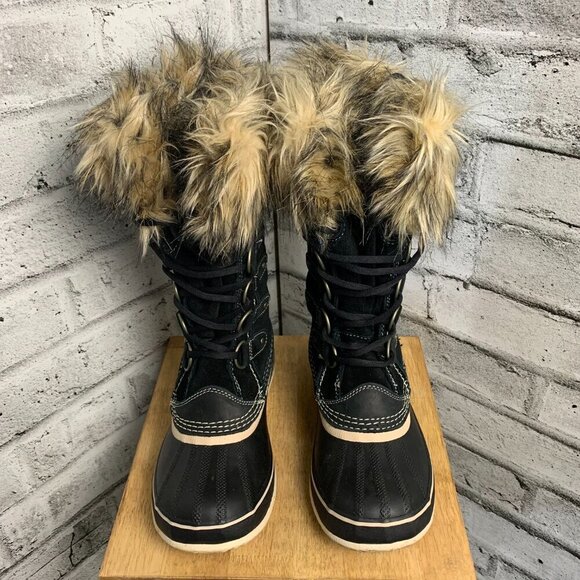 Sorel Joan of Arctic Waterproof Black Suede Faux Fur Trim Winter Snow Boots - Picture 2 of 10
